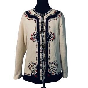 Embroidered Wool Cardigan Cream Floral Button Front Med Cottagecore Folk Boho‎